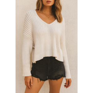 Abercrombie & Fitch White Ribbed Knit V Neck Sweater Medium Soft Cozy Classic